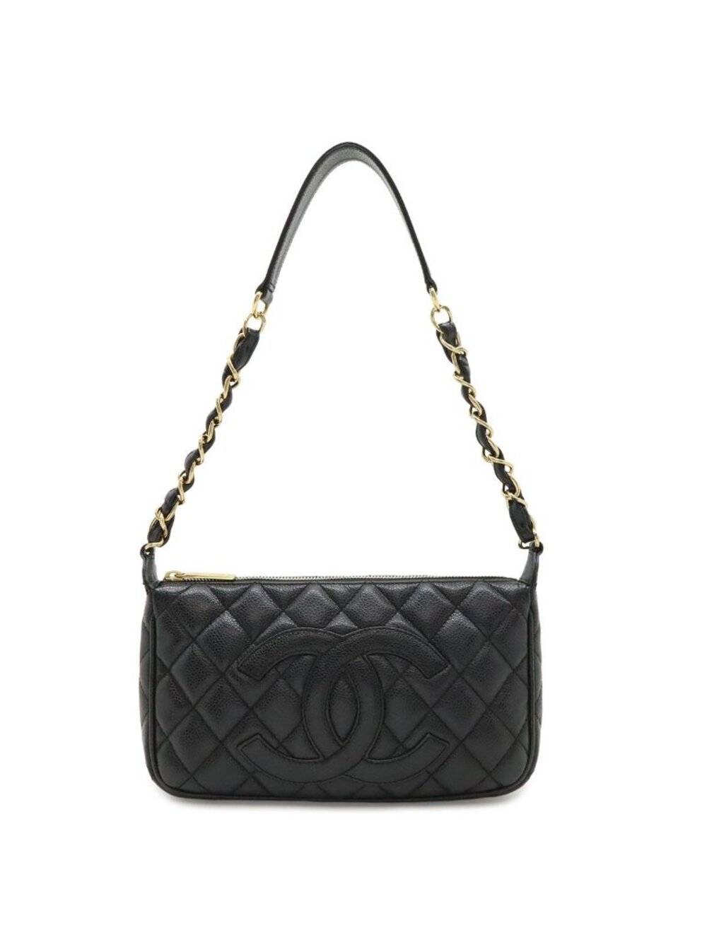 Chanel Quilted CC Logo Chain Shoulder Bag Caviar Leather Black Gold